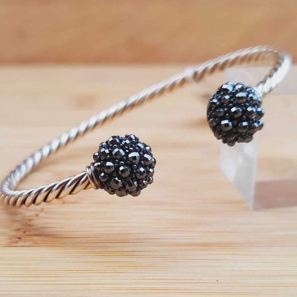 David Yurman Black Hematite Berries Station Cable Sterling Silver Bracelet 7in